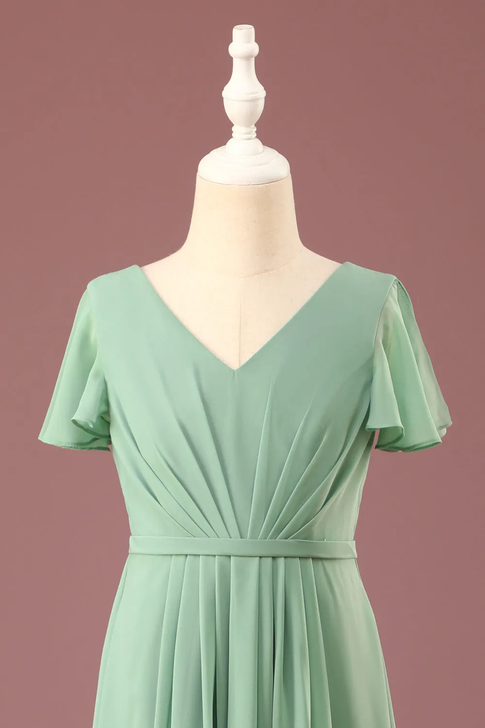 A-line V-Neck Chiffon Short Sleeves Matcha Junior Bridesmaid Dress