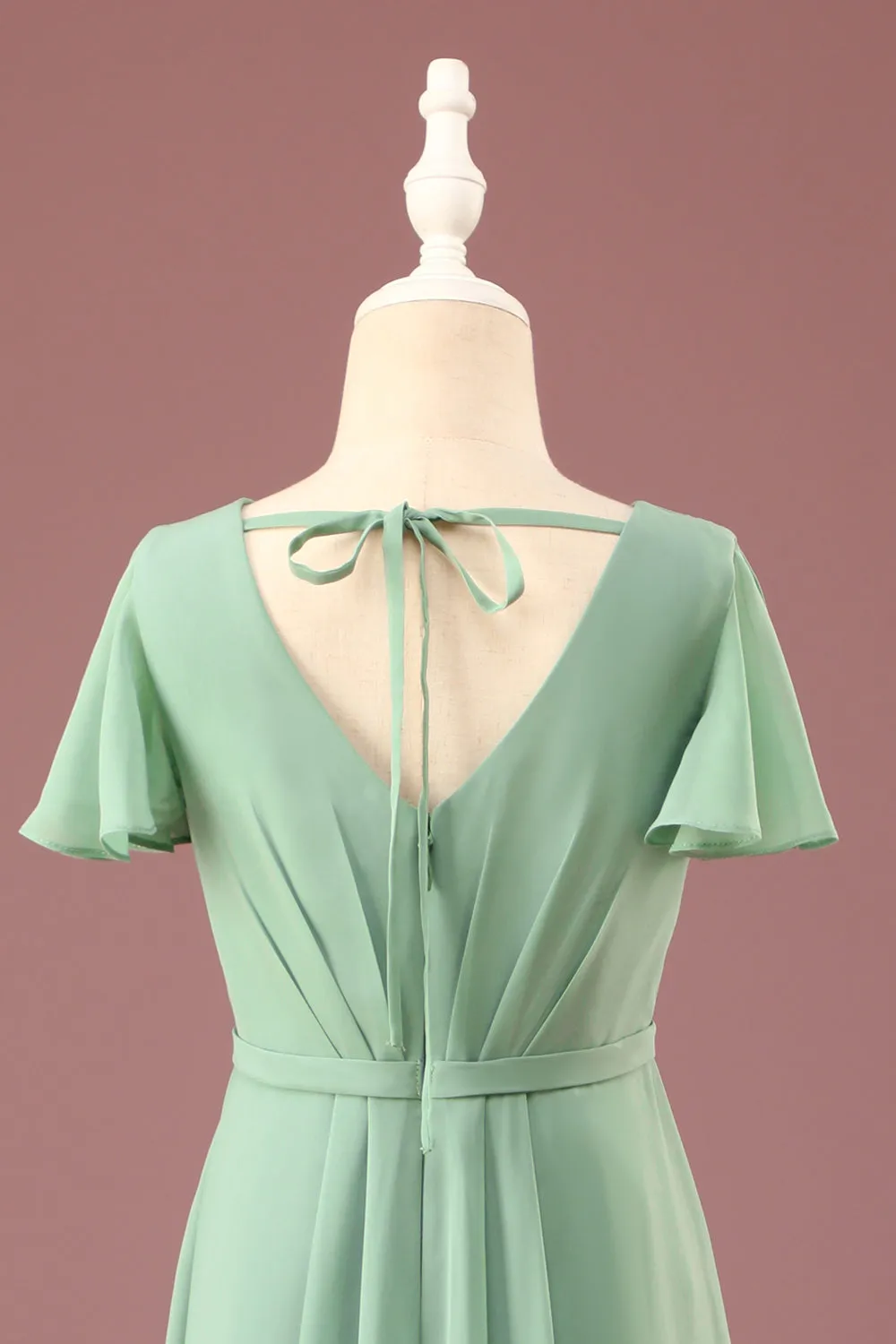 A-line V-Neck Chiffon Short Sleeves Matcha Junior Bridesmaid Dress