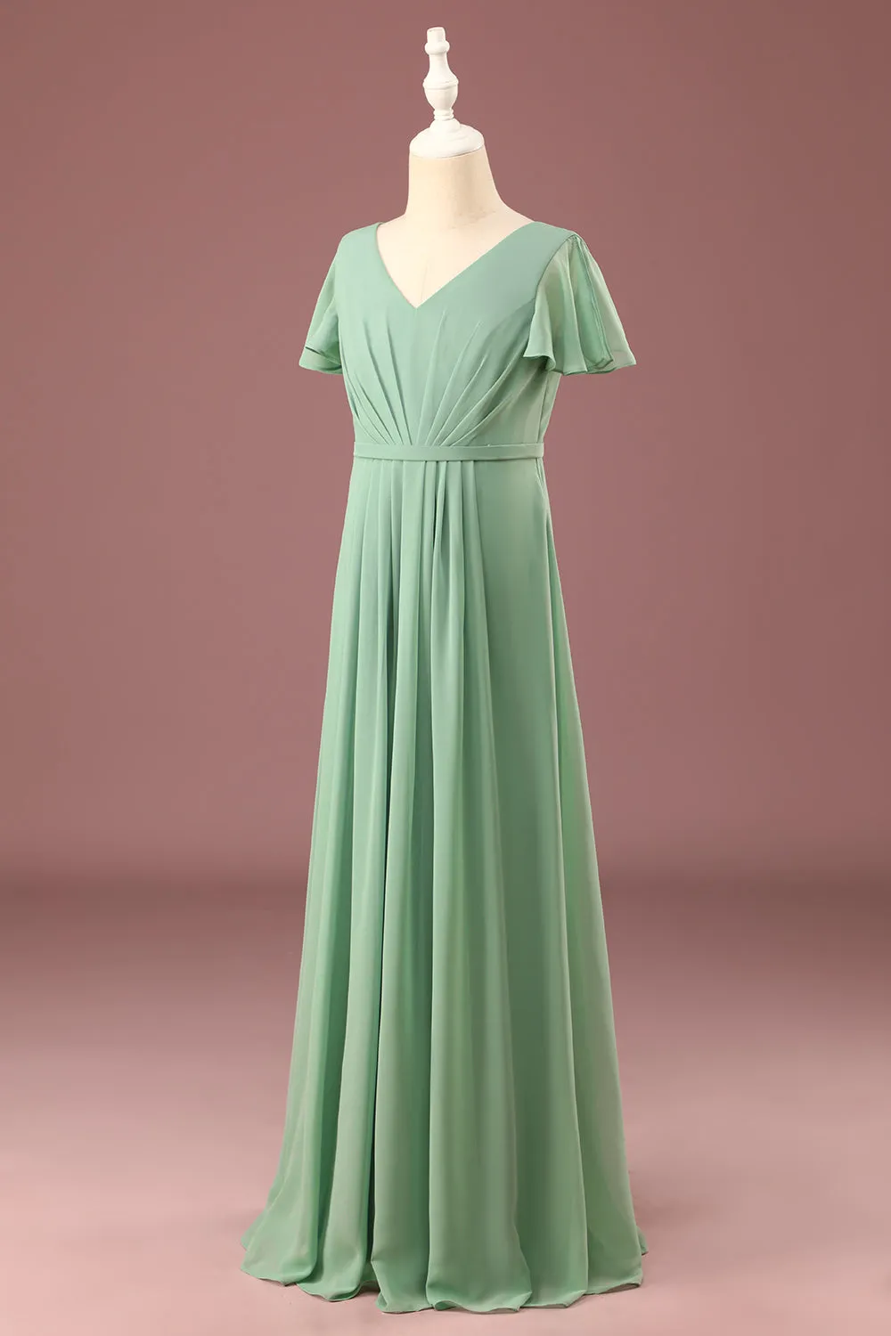 A-line V-Neck Chiffon Short Sleeves Matcha Junior Bridesmaid Dress