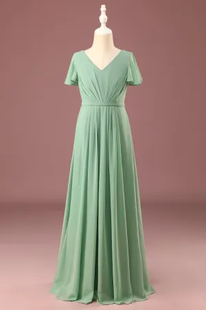 A-line V-Neck Chiffon Short Sleeves Matcha Junior Bridesmaid Dress