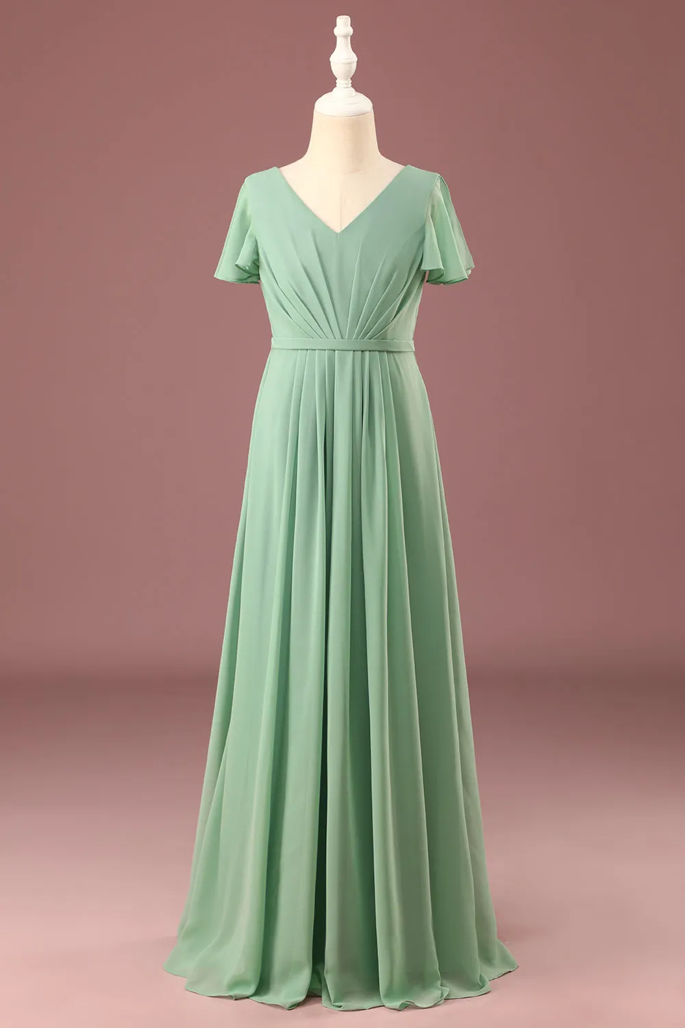 A-line V-Neck Chiffon Short Sleeves Matcha Junior Bridesmaid Dress