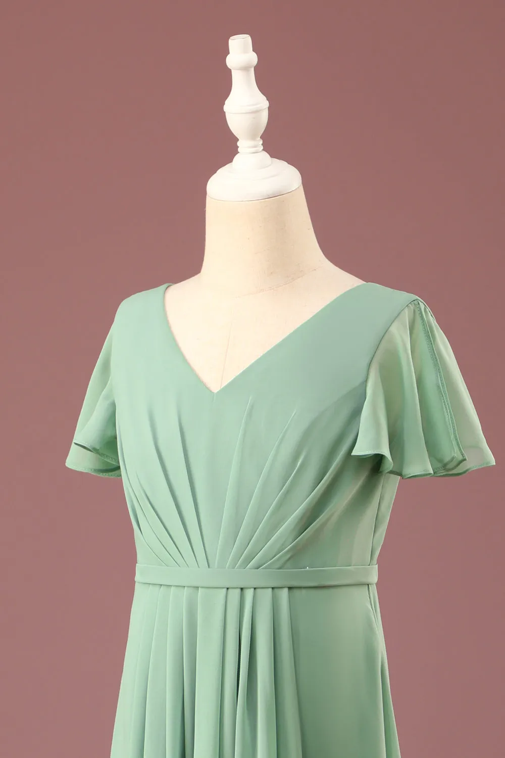 A-line V-Neck Chiffon Short Sleeves Matcha Junior Bridesmaid Dress