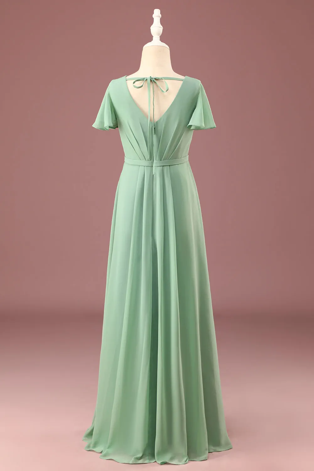 A-line V-Neck Chiffon Short Sleeves Matcha Junior Bridesmaid Dress