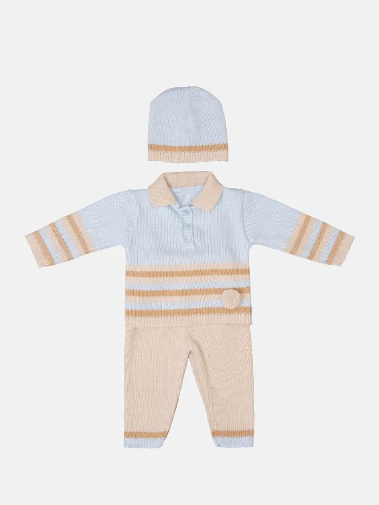 Baby Unisex 3-piece Striped Knitted Gift Box Set - Baby Blue & Beige