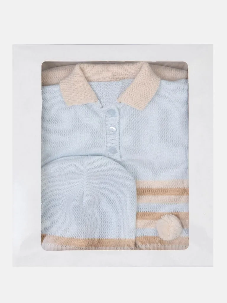 Baby Unisex 3-piece Striped Knitted Gift Box Set - Baby Blue & Beige