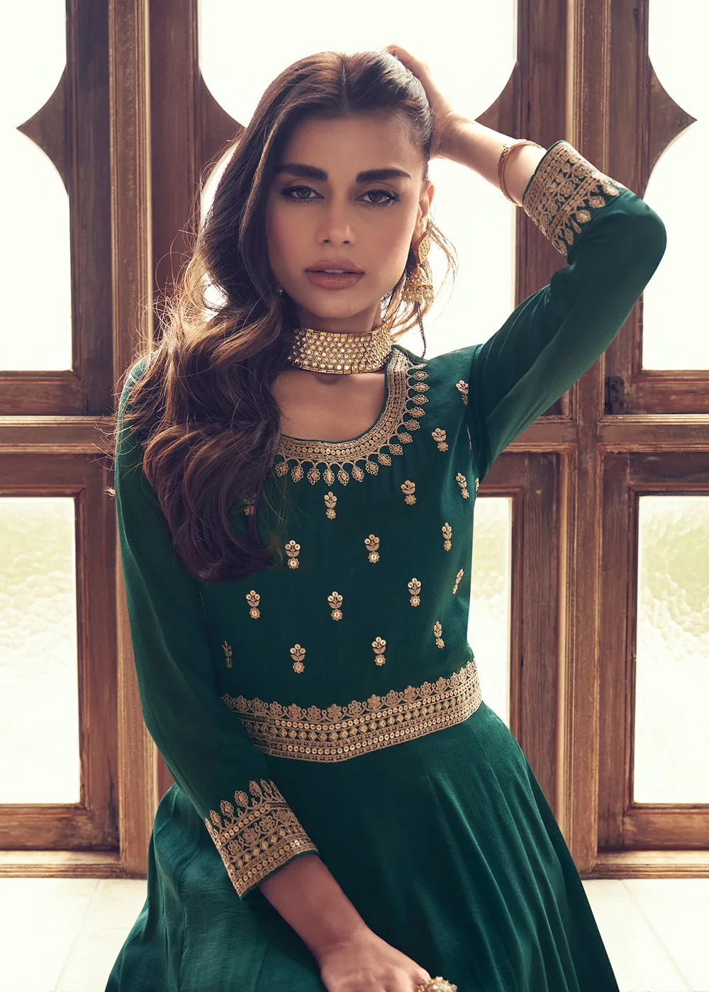 Designer Dark Green Silk Floor Length Anarkali Suit