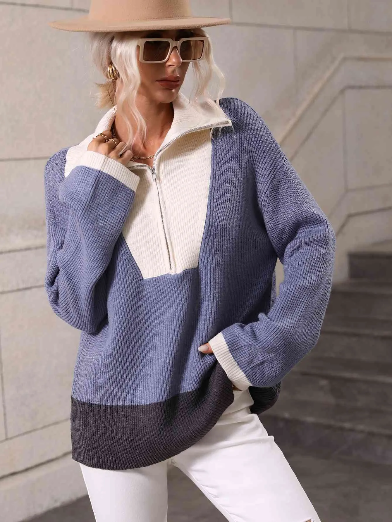 Double Take Color Block Half-Zip Dropped Shoulder Knit Pullover