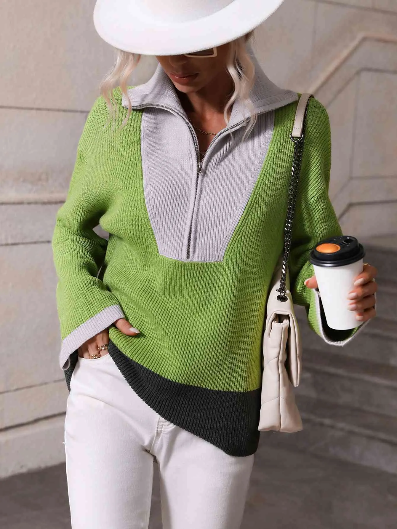 Double Take Color Block Half-Zip Dropped Shoulder Knit Pullover