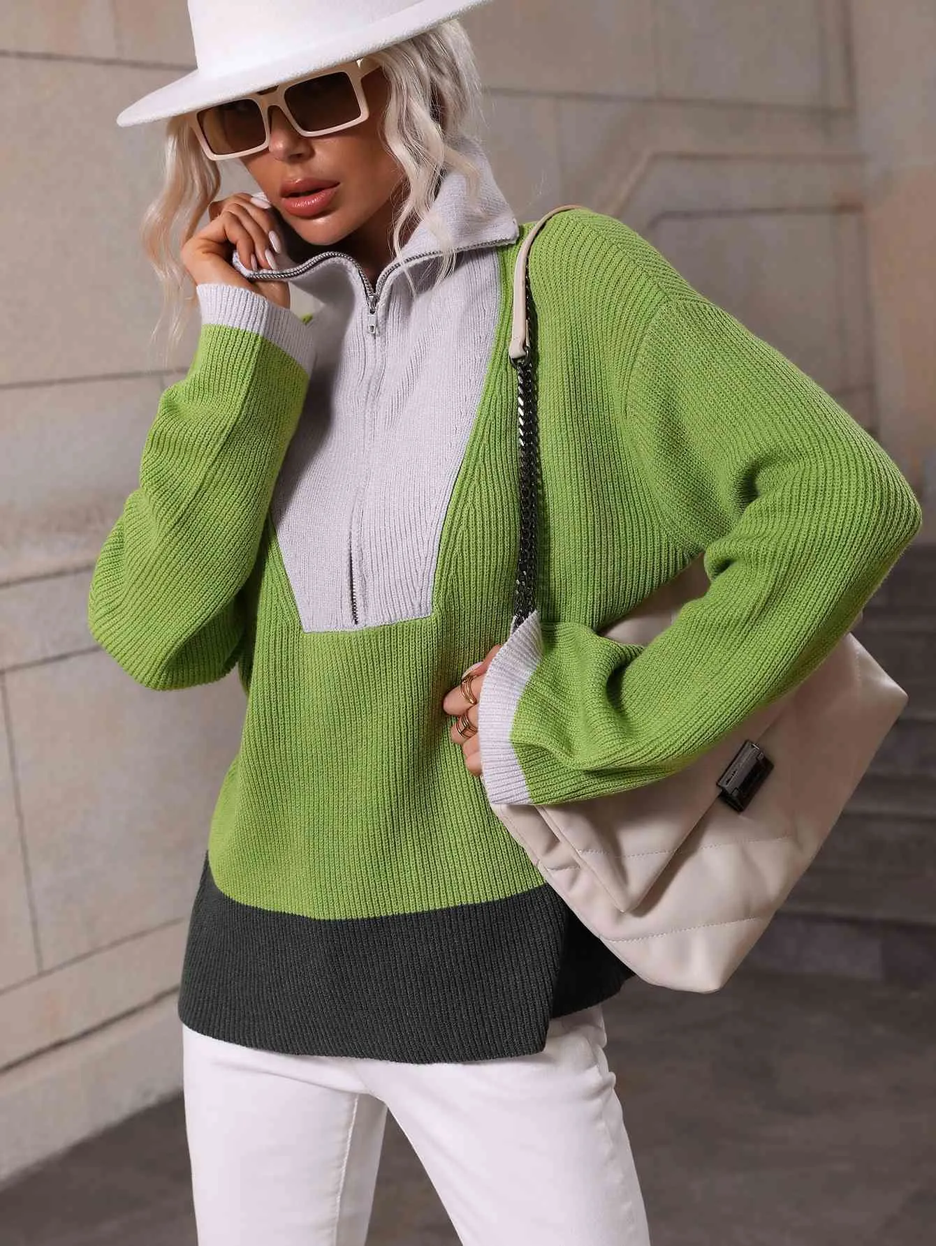 Double Take Color Block Half-Zip Dropped Shoulder Knit Pullover