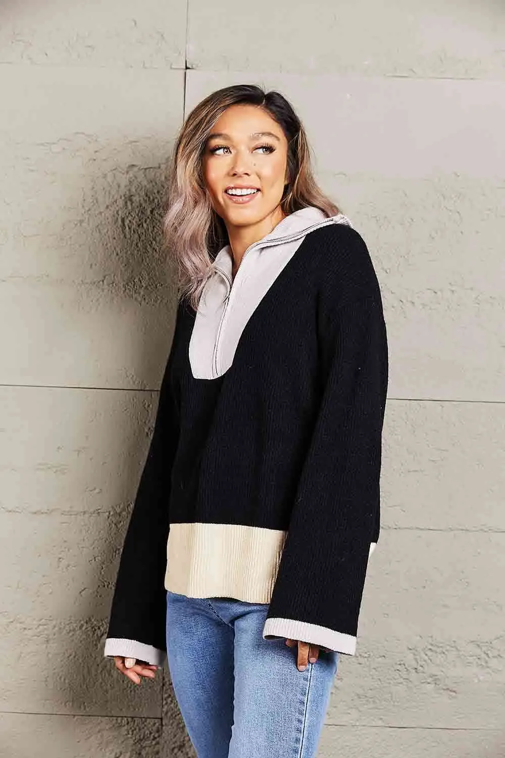 Double Take Color Block Half-Zip Dropped Shoulder Knit Pullover