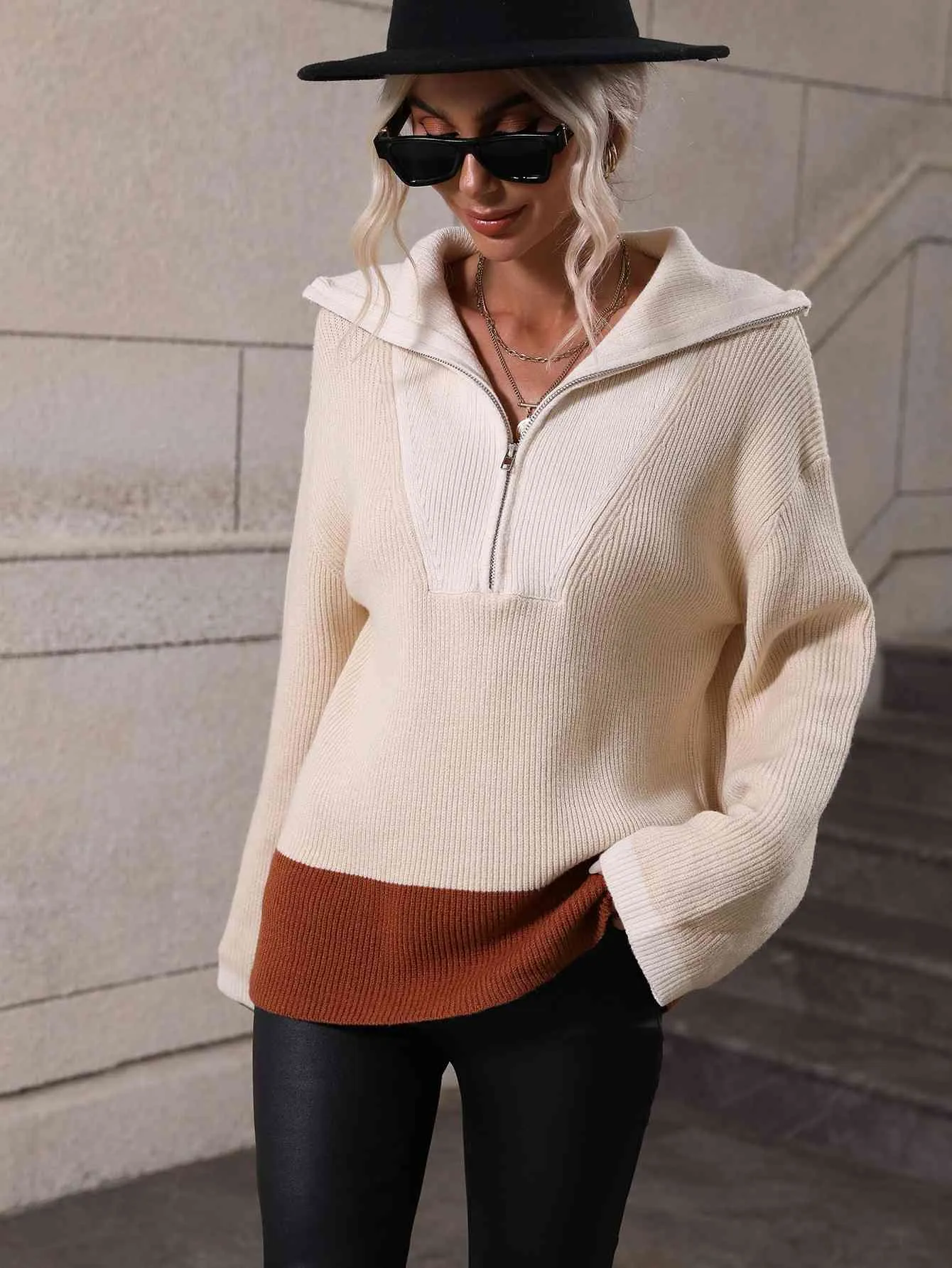 Double Take Color Block Half-Zip Dropped Shoulder Knit Pullover