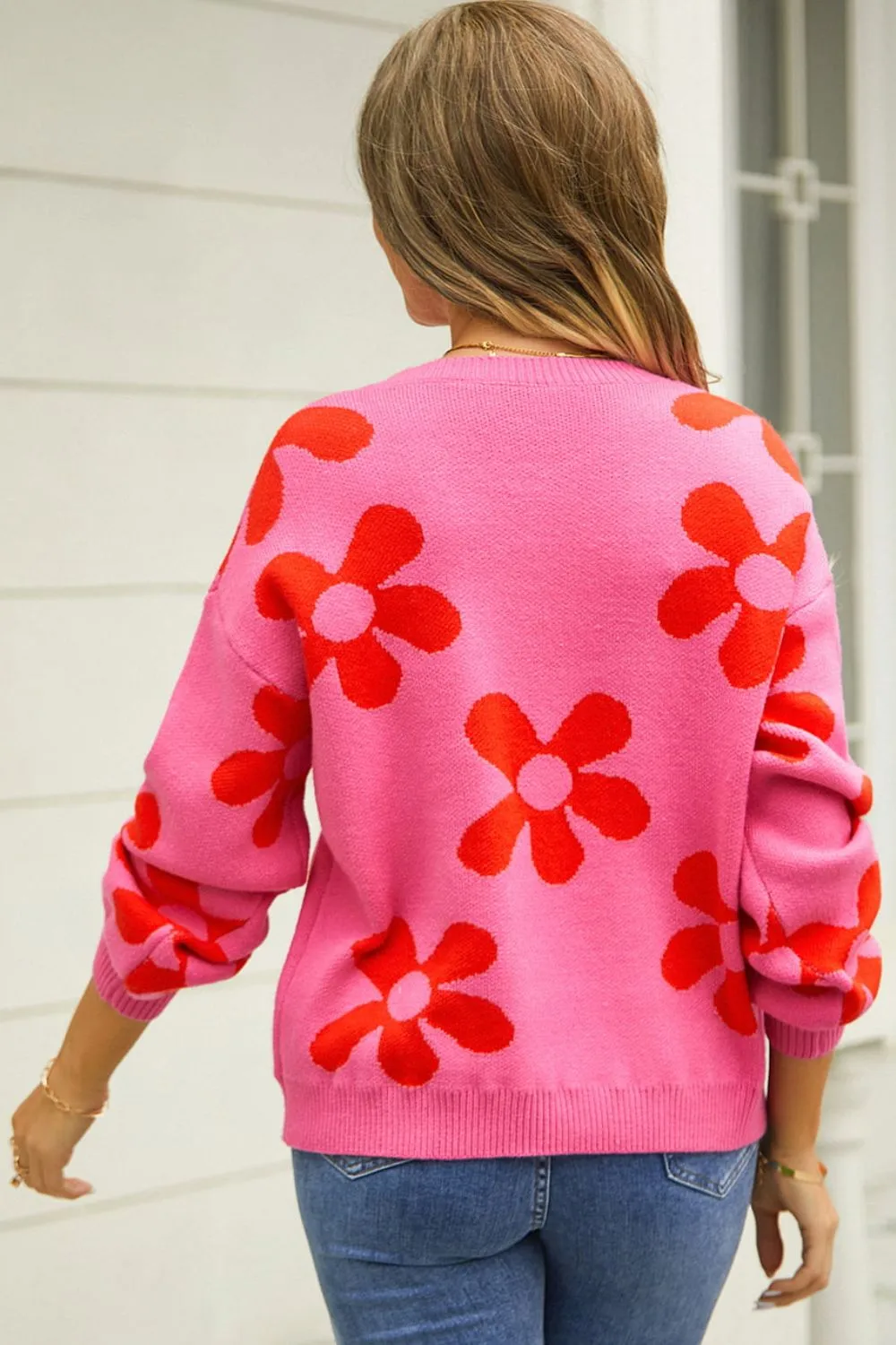 Floral Print Round Neck Dropped Shoulder Pullover Sweater