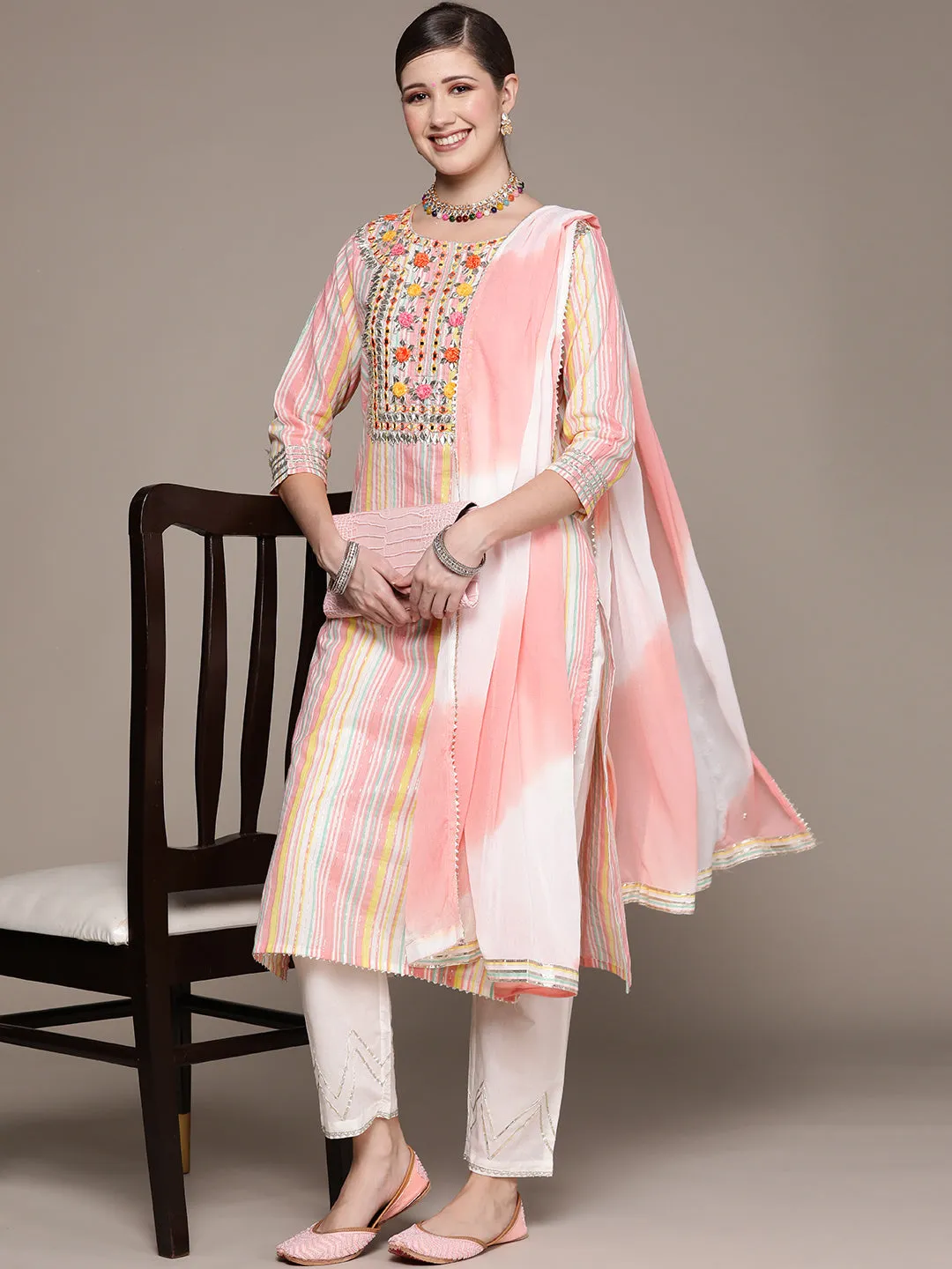 Ishin Women's Multicolor Embroidered A-Line Kurta with Trouser & Dupatta