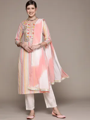 Ishin Women's Multicolor Embroidered A-Line Kurta with Trouser & Dupatta