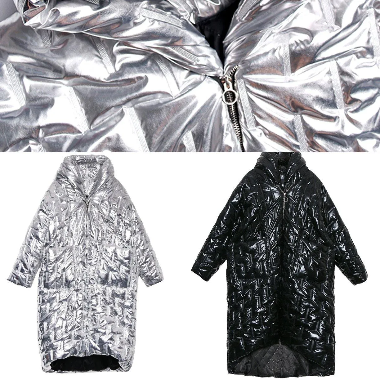 Luxury silver Parkas for women Loose fitting hooded zippered coats