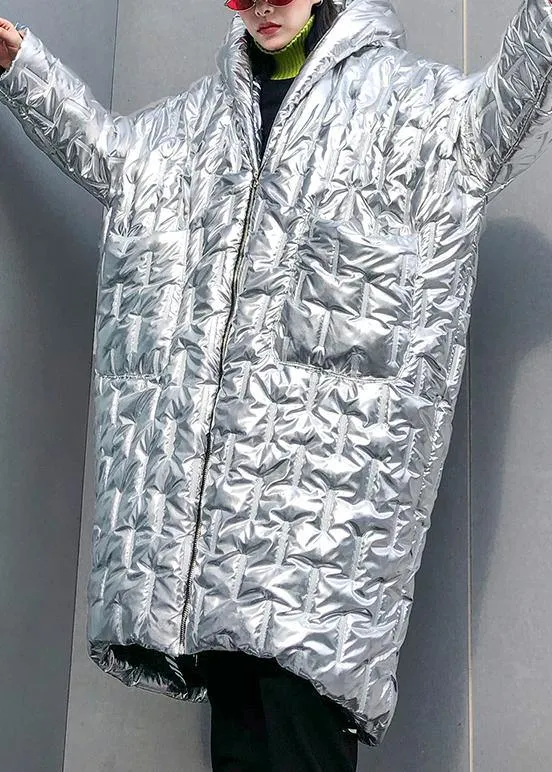 Luxury silver Parkas for women Loose fitting hooded zippered coats