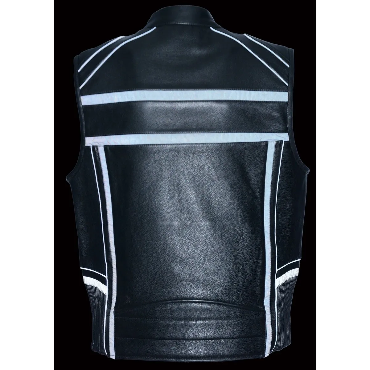 Milwaukee Leather MLM3560 Men's Black Leather Vest - Reflective Piping Elasticized Waist Open Neck Motorcycle Vest