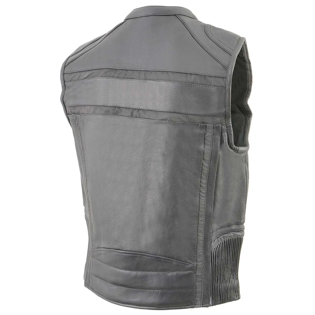 Milwaukee Leather MLM3560 Men's Black Leather Vest - Reflective Piping Elasticized Waist Open Neck Motorcycle Vest