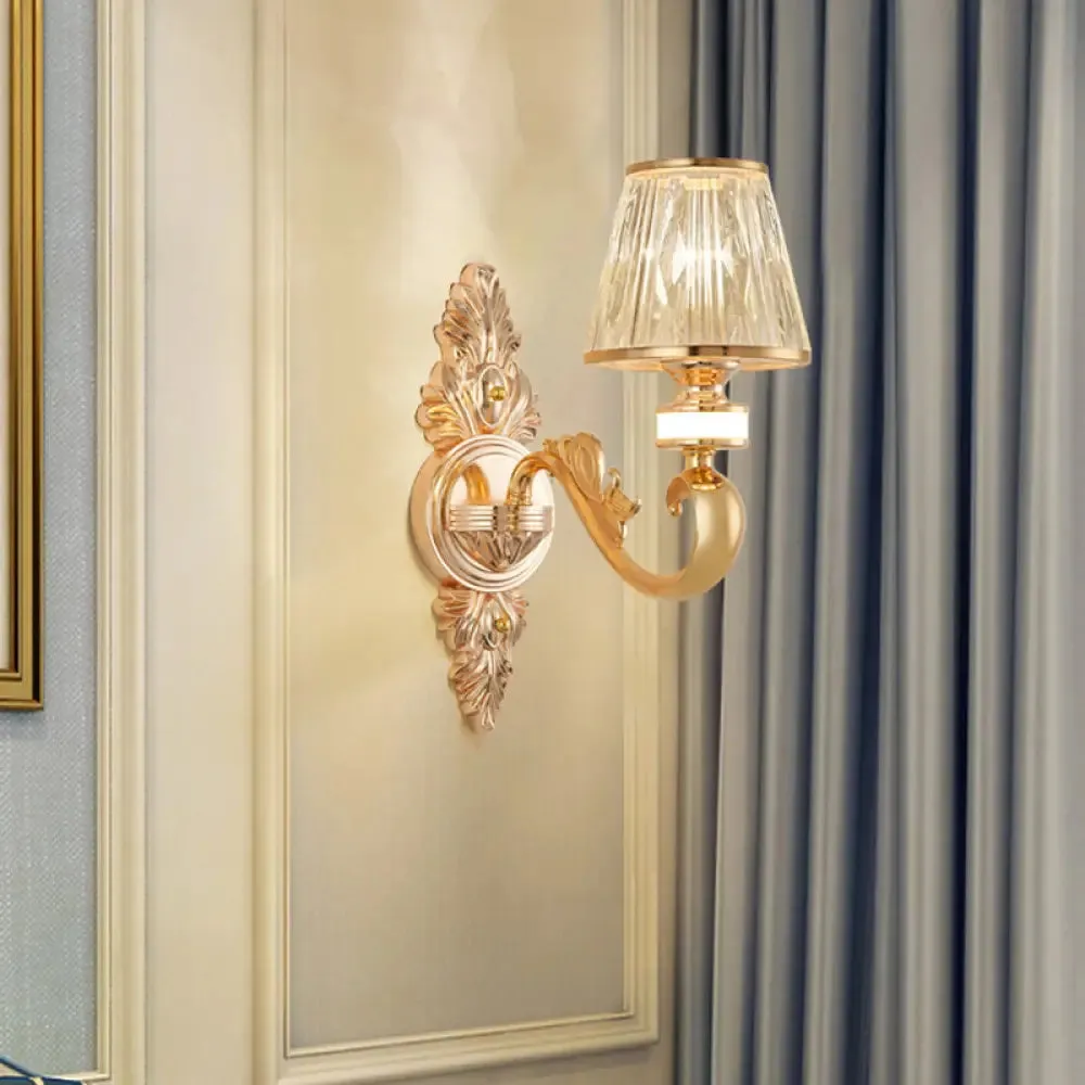 Modern Gold Wall Sconce with Crystal Cone Shade - Bedside/Room Fixture