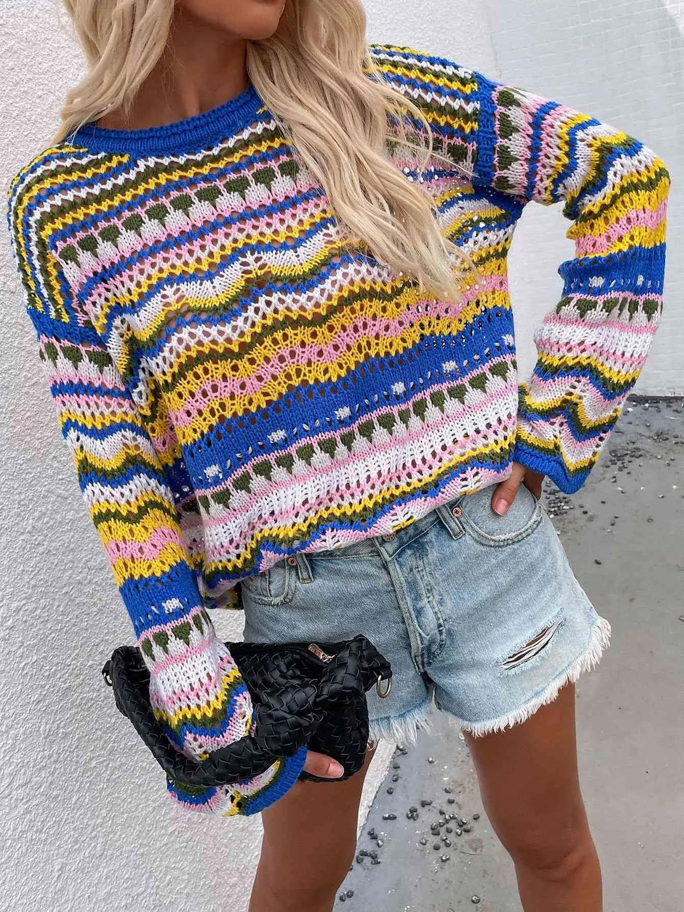 Rainbow Stripe Openwork Flare Sleeve Knit Top