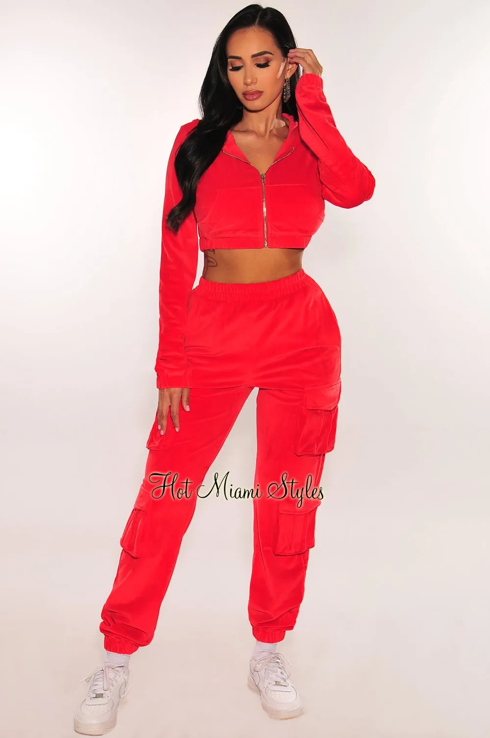 Red Velour Long Sleeve Zip Up Hooded Cargo Joggers Two Piece Set