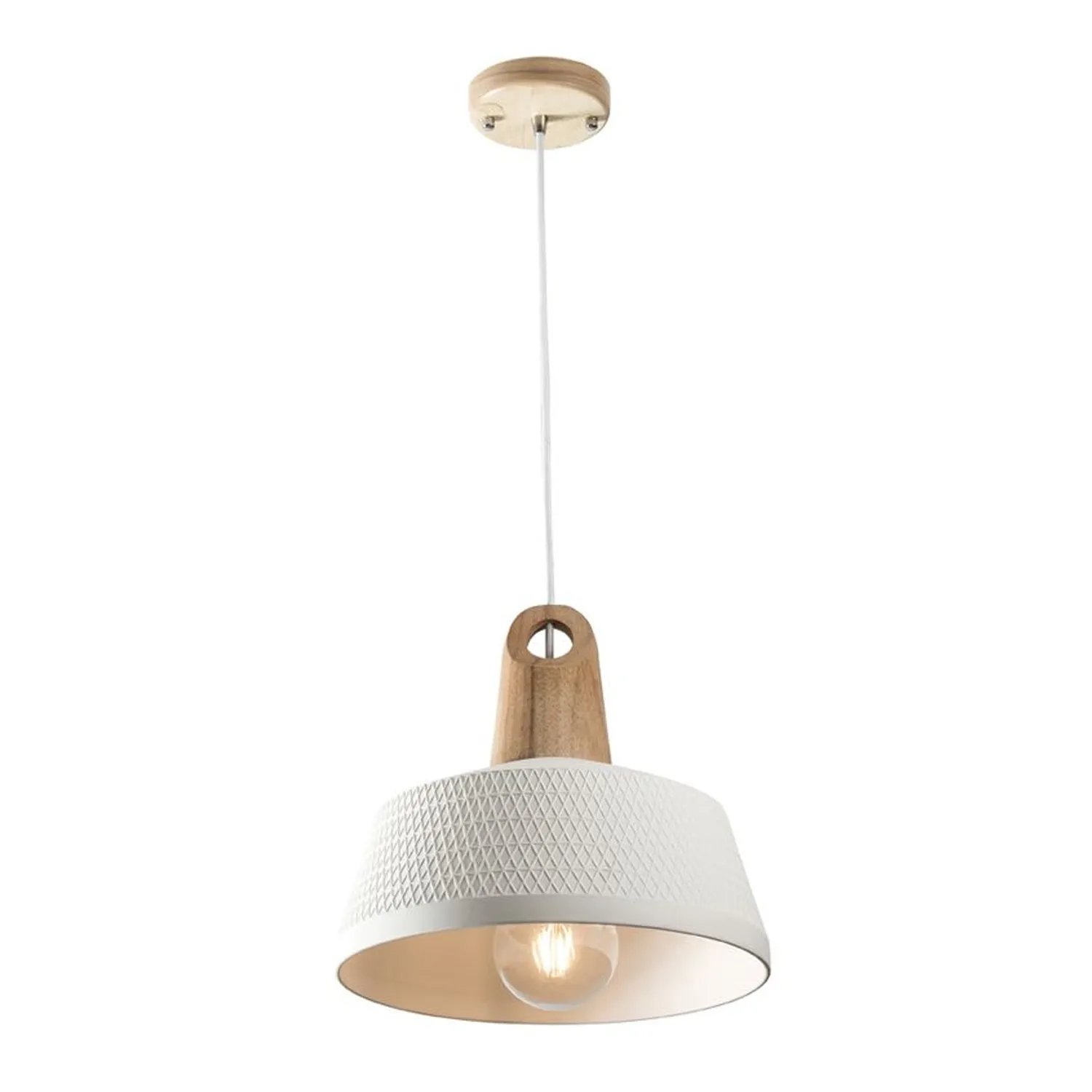 Scandi Pendant Light in Oak Timber and White Ceramic in Large