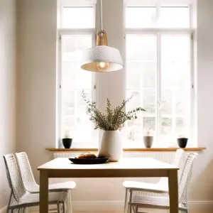 Scandi Pendant Light in Oak Timber and White Ceramic in Large