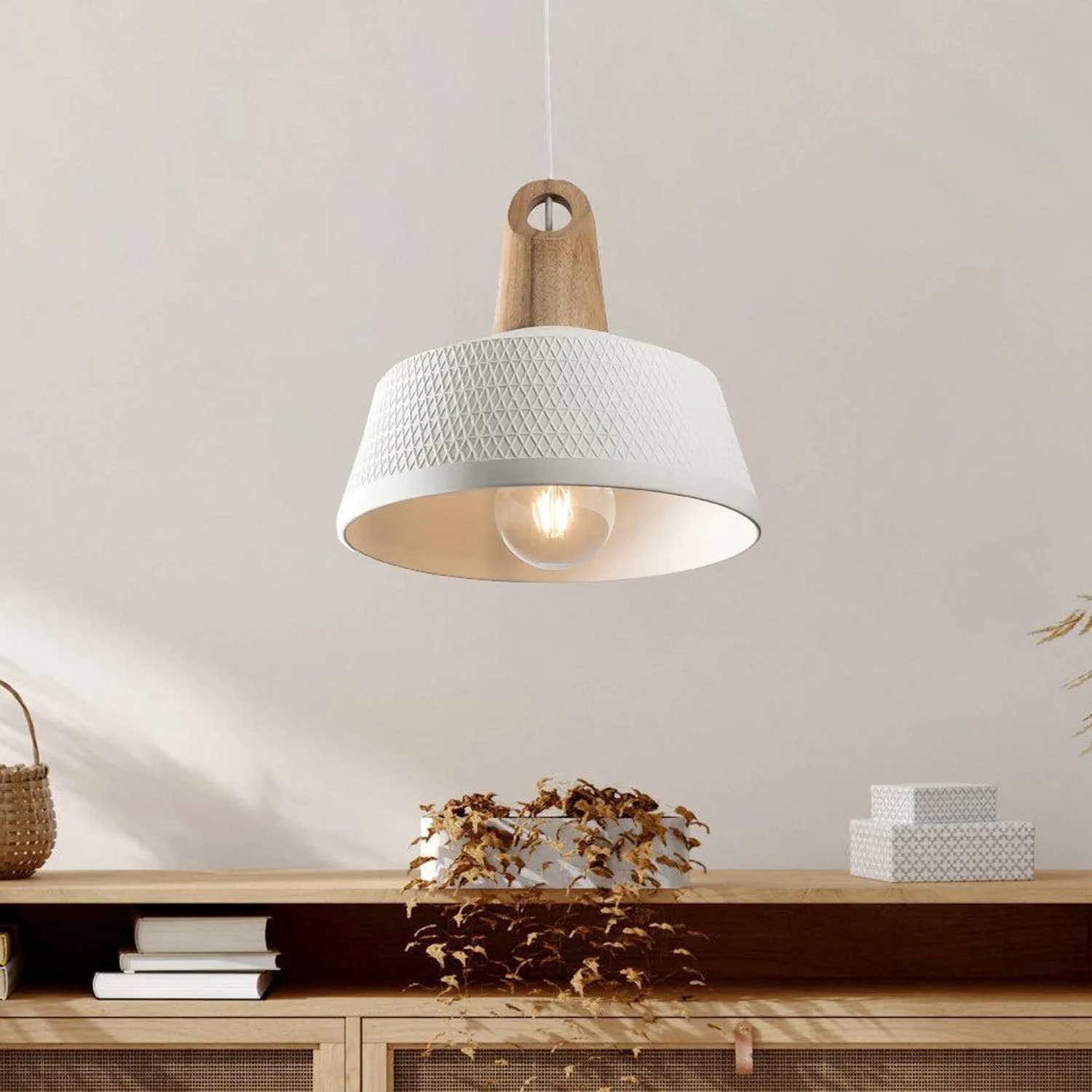 Scandi Pendant Light in Oak Timber and White Ceramic in Large