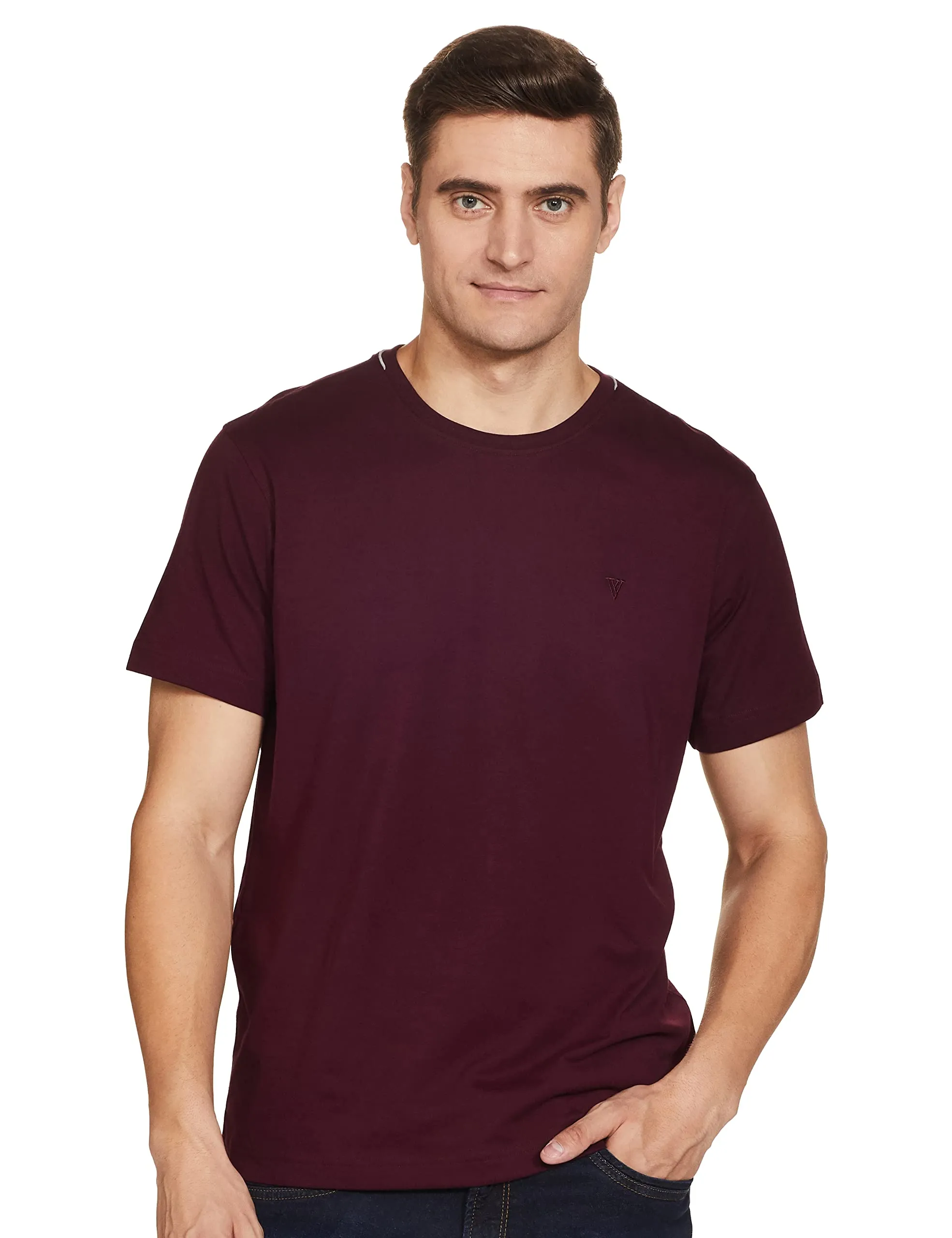 Van Heusen Athleisure Men Regular Fit T-Shirt-Cotton Rich-Smart Tech,Easy Stain Release,Anti Stat,Ultra Soft,Moisture Wicking_60021_Port Wine_L