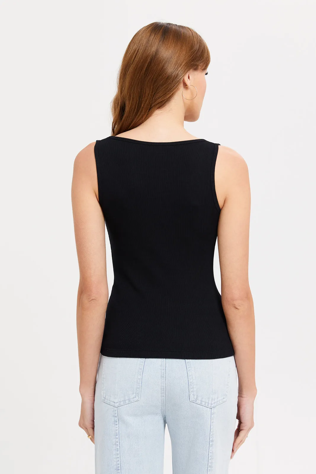 Women Black Plain Rib Vest