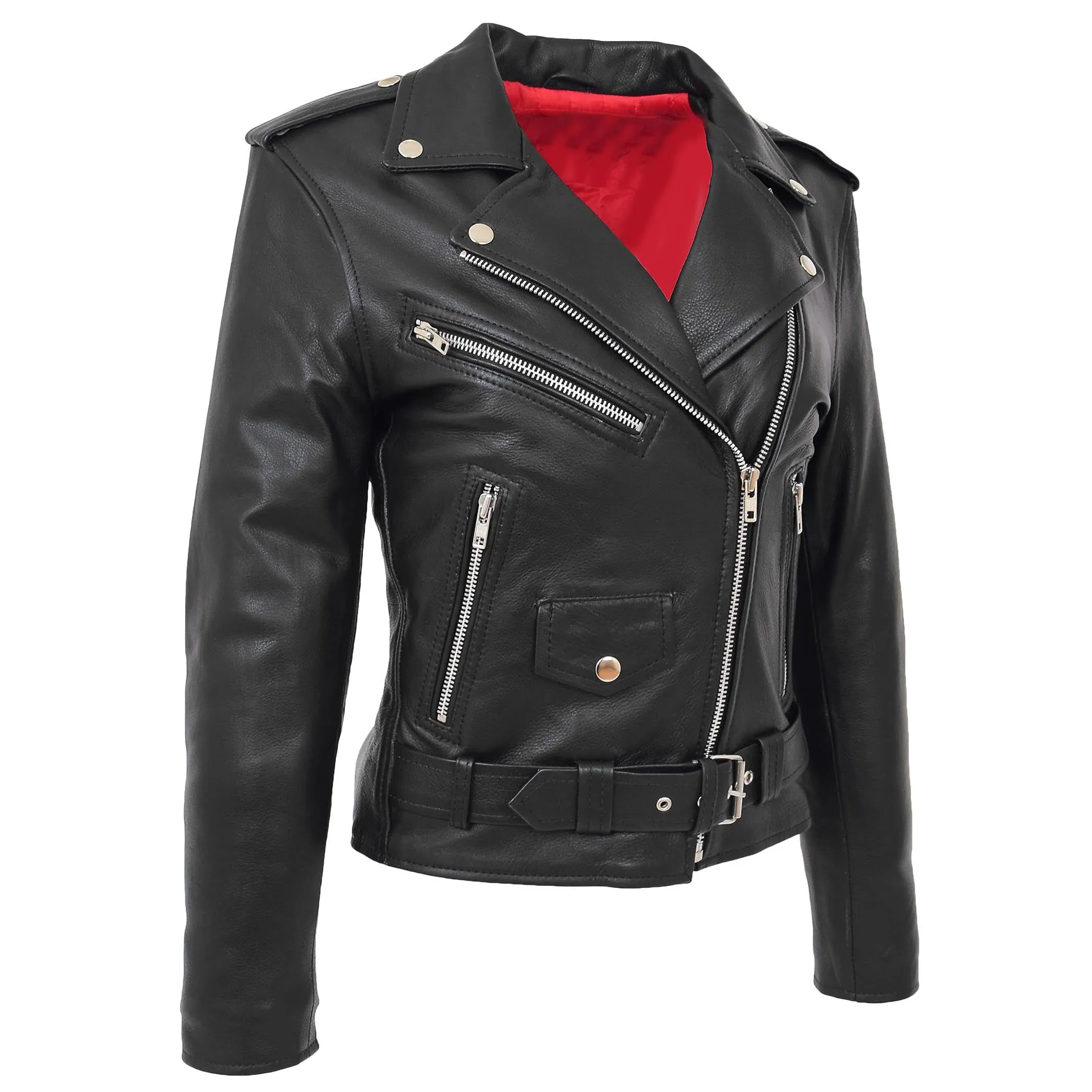 Womens Leather Biker Brando Style Jacket Holly Black