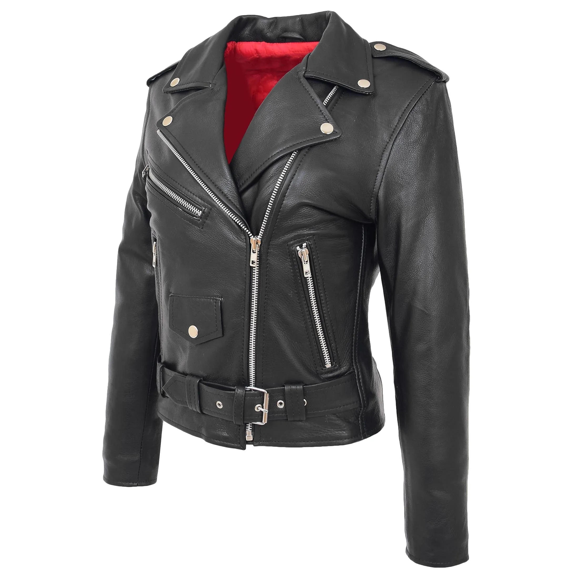 Womens Leather Biker Brando Style Jacket Holly Black